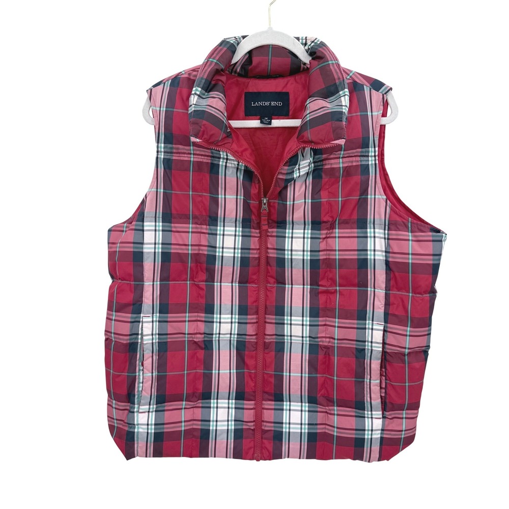 Lands End Womens‎ Plus 1X Red Plaid Down Puffer Vest Full Zip Quilted 1X 16W-18W